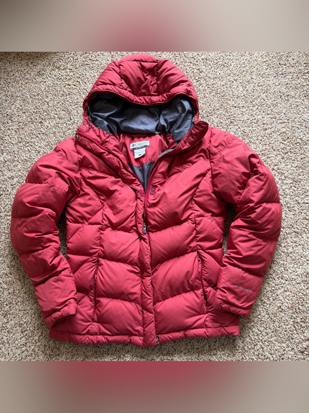 Columbia Omni Shield Down Puffer Jacket Womens SM Hooded Short Jacket Burnt Red